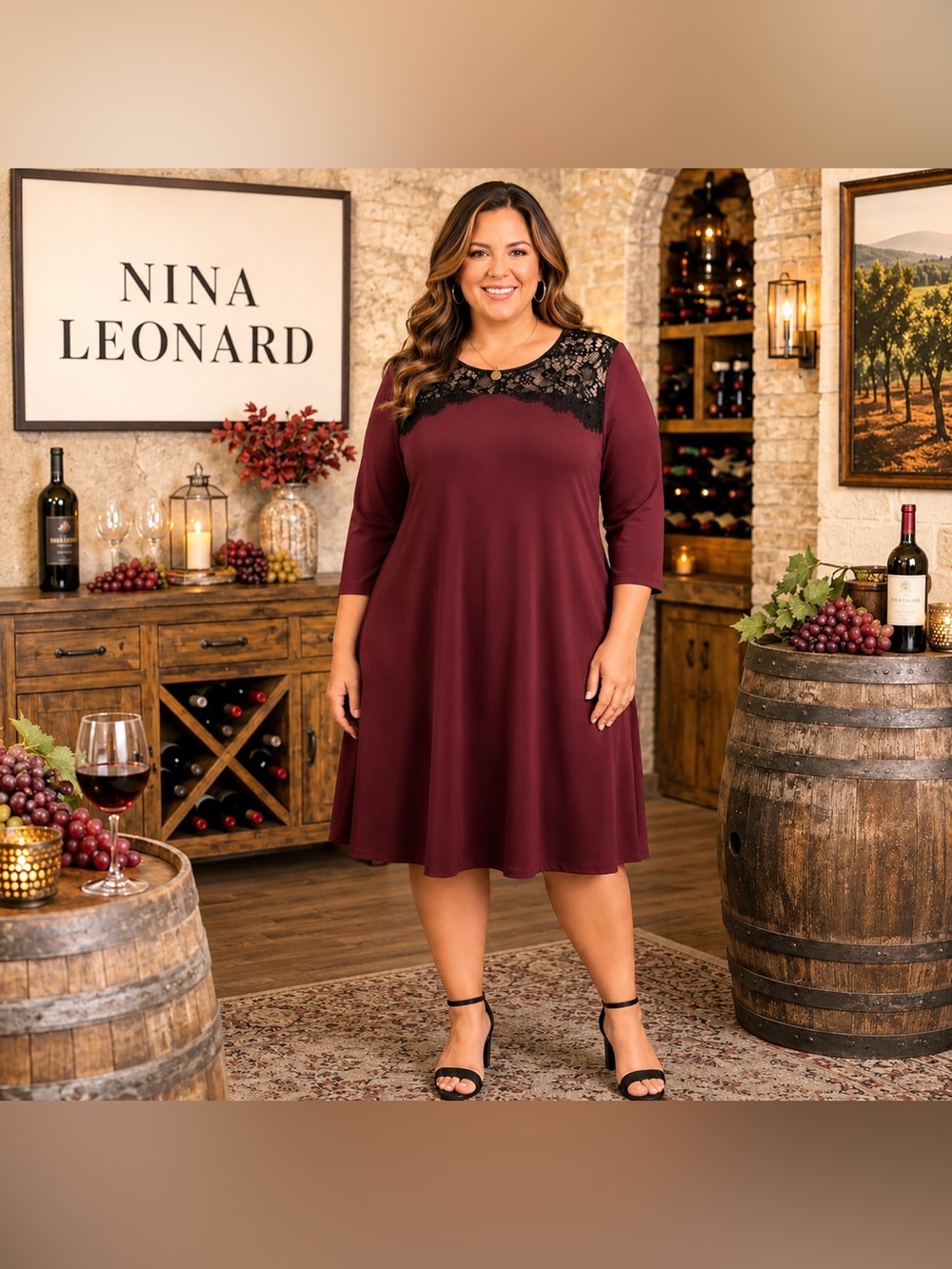 Nina Leonard Burgundy Lace-Trim Dress (1X)